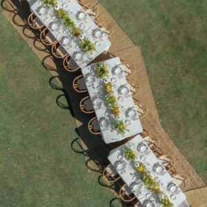 Aerial view of an outdoor tablescape.