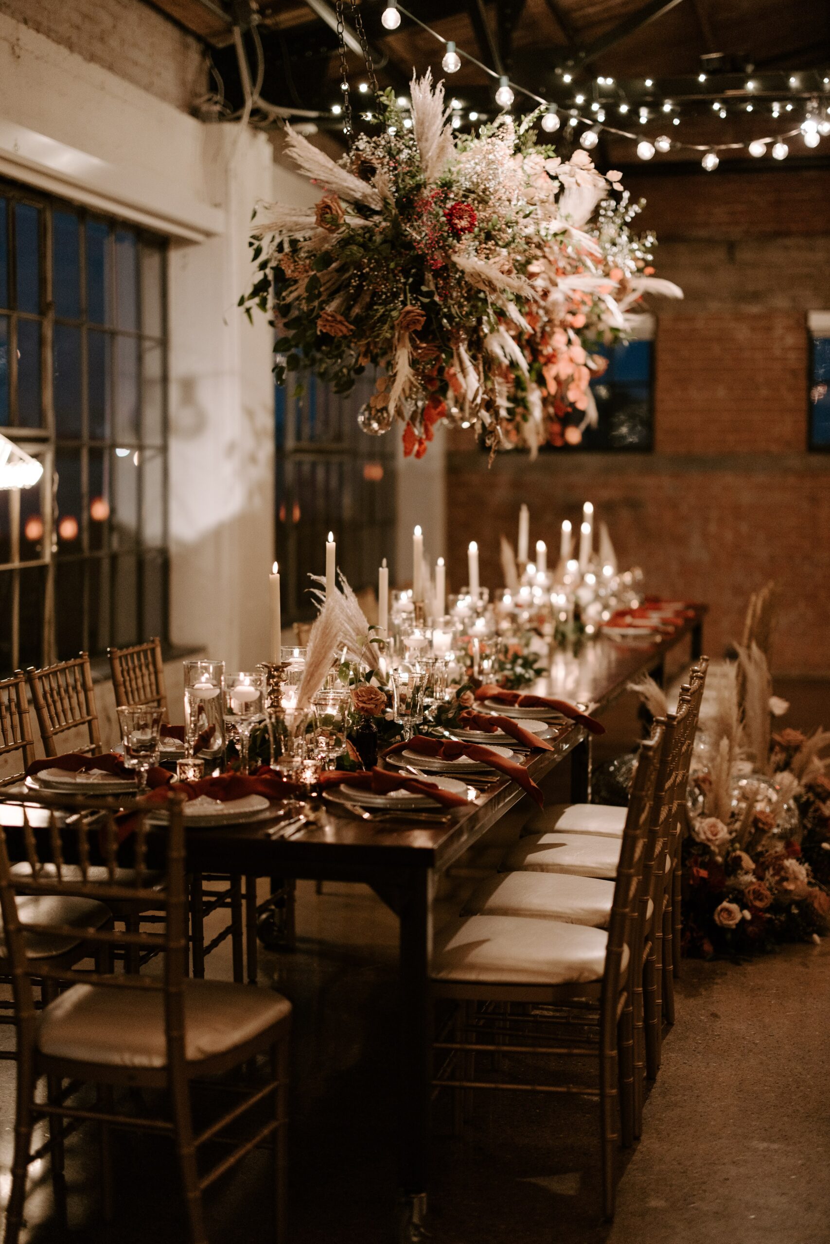 Wedding reception details and tablescape with Render rentals.