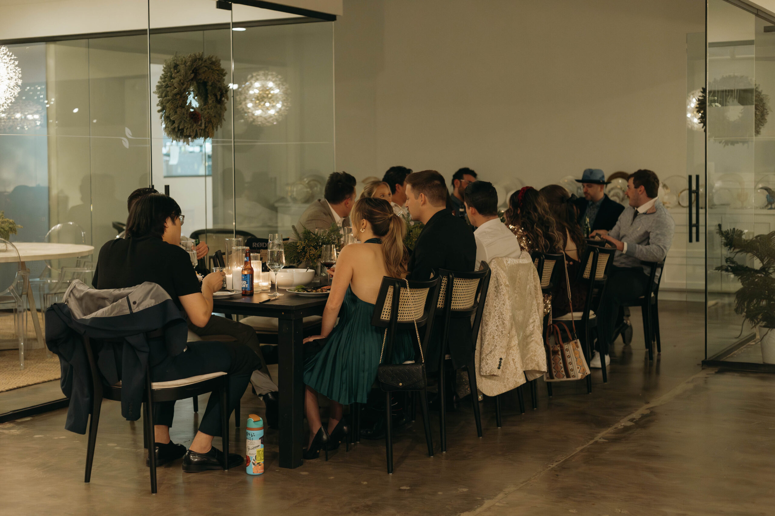 Corporate team Christmas party with dinner and drinks.